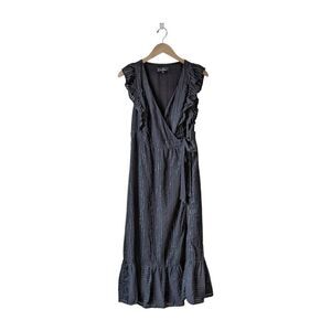 Lulu’s Black Metallic Silver Striped Ruffled Wrap Midi Dress Sz L NWT